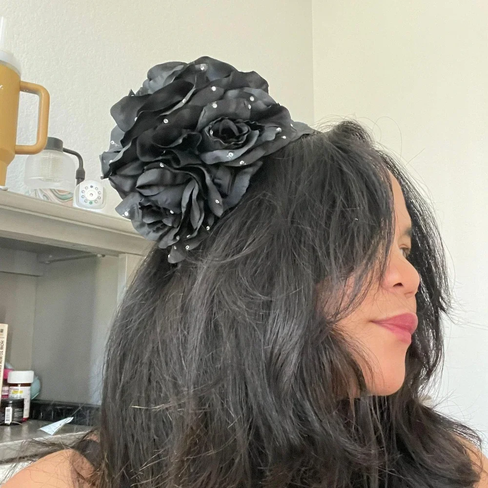 Black Floral Fascinator Hat‎ Rhinestone Rose Flower Headband Race Wedding